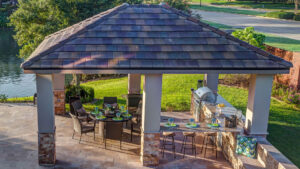 Custom Outdoor Kitchen and Cabana - Aerial View by Creekstone Outdoor Living in Houston Texas
