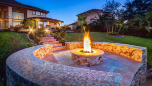 Custom Outdoor Kitchen and Cabana - Fire Pit view by Creekstone Outdoor Living in Houston Texas
