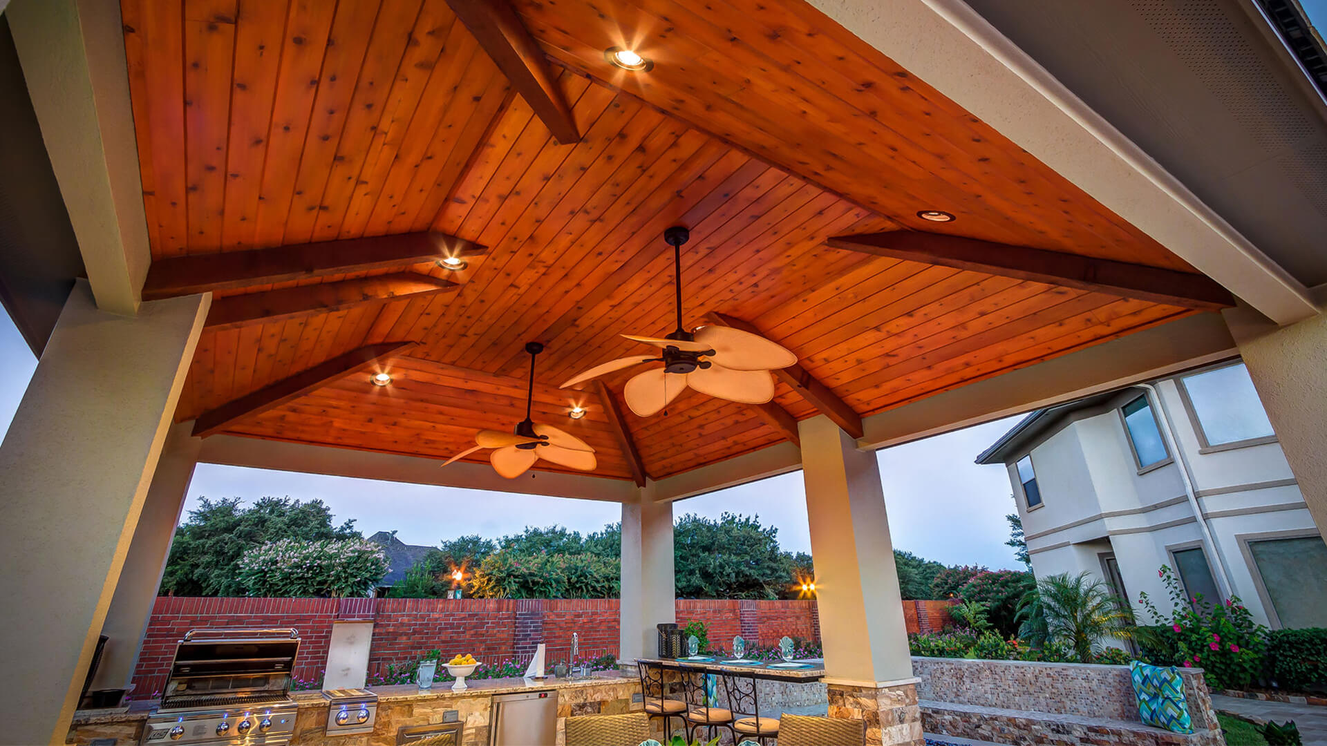 Custom Outdoor Kitchen and Cabana - C edar Ceiling View by Creekstone Outdoor Living in Houston Texas